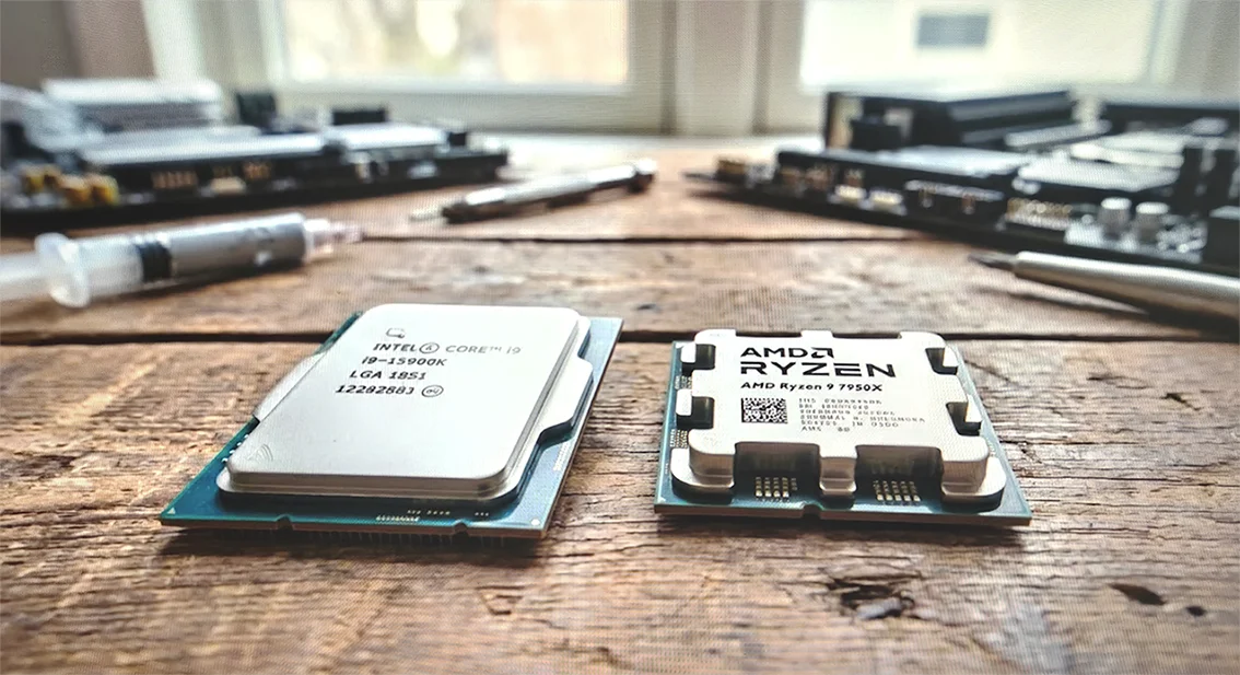 Сравнение процессоров Intel Core i9 (LGA 1851) и AMD Ryzen 9 7950X на столе сборщика: битва платформ 2025 года.