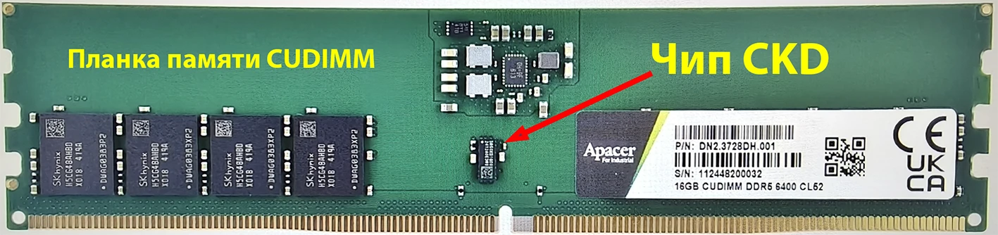Оперативная память DDR5 CUDIMM для LGA 1851 с чипом CKD крупным планом