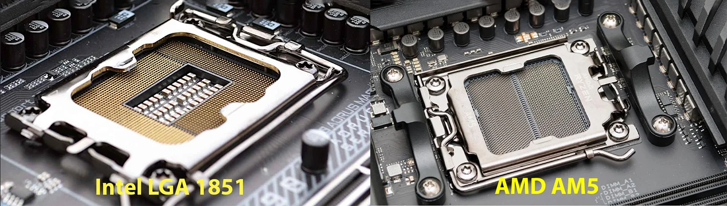Сравнение актуальных процессорных сокетов 2025 года: Intel LGA 1851 и AMD AM5.