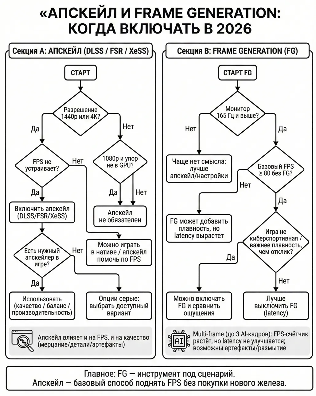 Апскейл и Frame Generation в 2026: когда включать DLSS/FSR/XeSS и FG — блок-схема решений