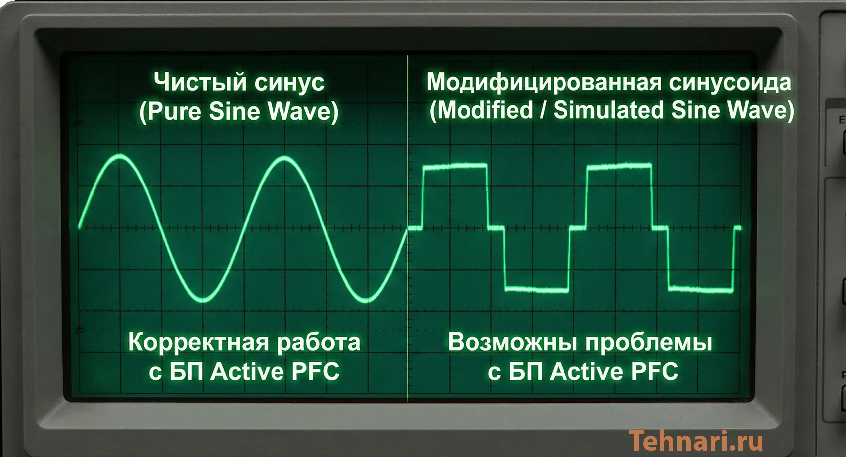 Сравнение формы выходного сигнала ИБП: чистый синус и модифицированная синусоида для блоков питания Active PFC