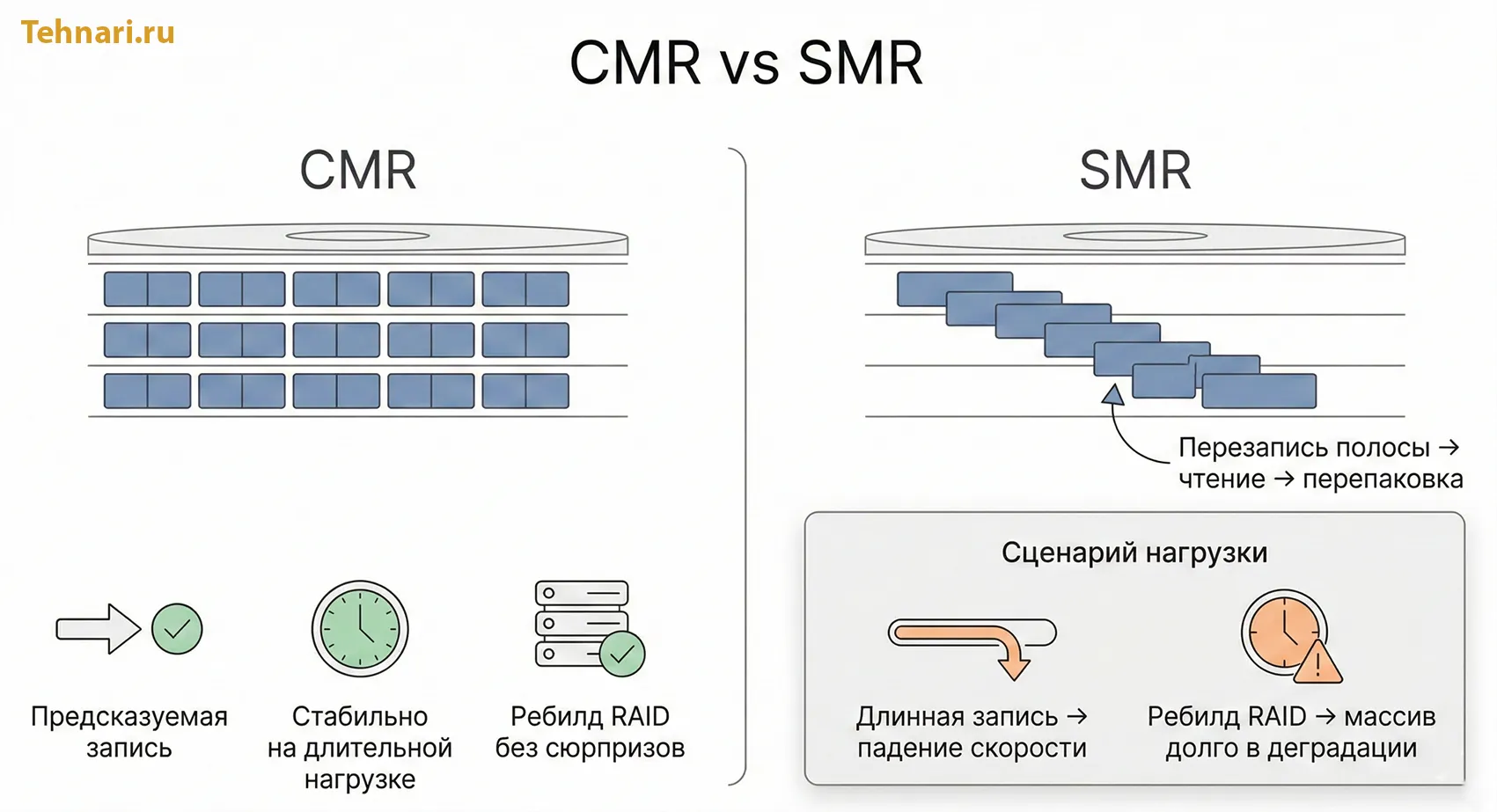 CMR и SMR: схема записи на HDD, почему SMR ухудшает длительную запись и ребилд RAID