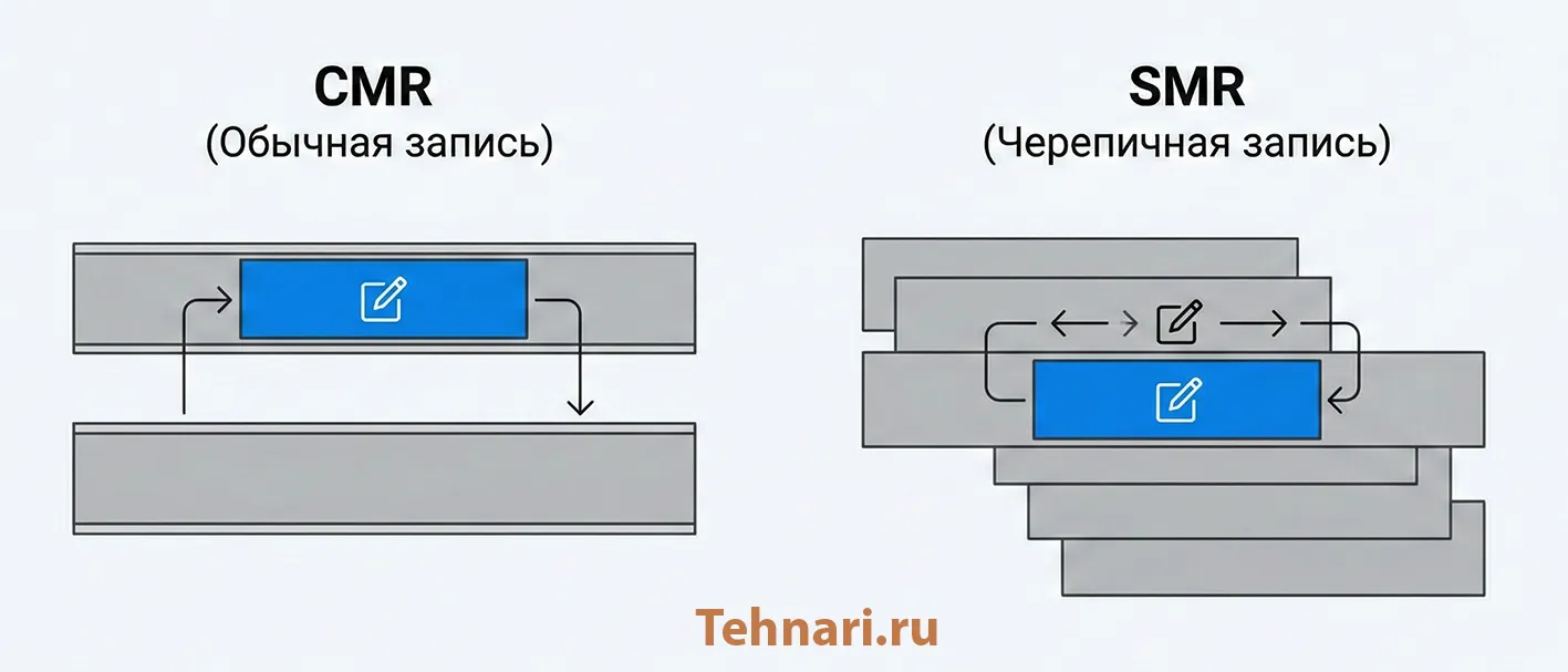 Схема CMR и SMR: обычная запись без перекрытий и черепичная запись с перекрытием дорожек