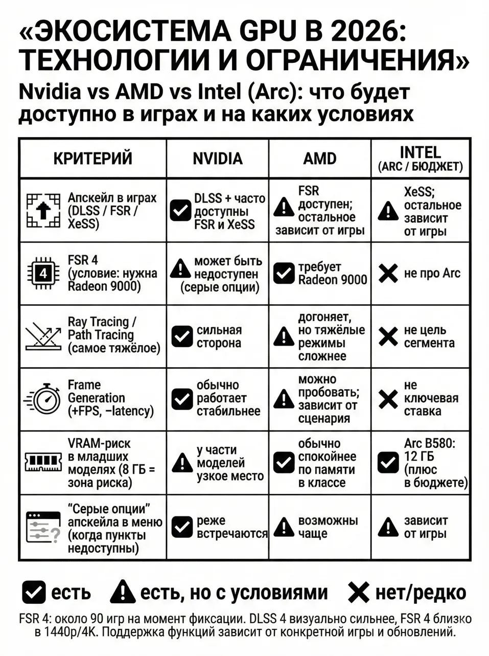 Экосистема GPU в 2026: сравнение Nvidia, AMD и Intel Arc по апскейлу, FSR4, RT/Path Tracing, Frame Generation и VRAM