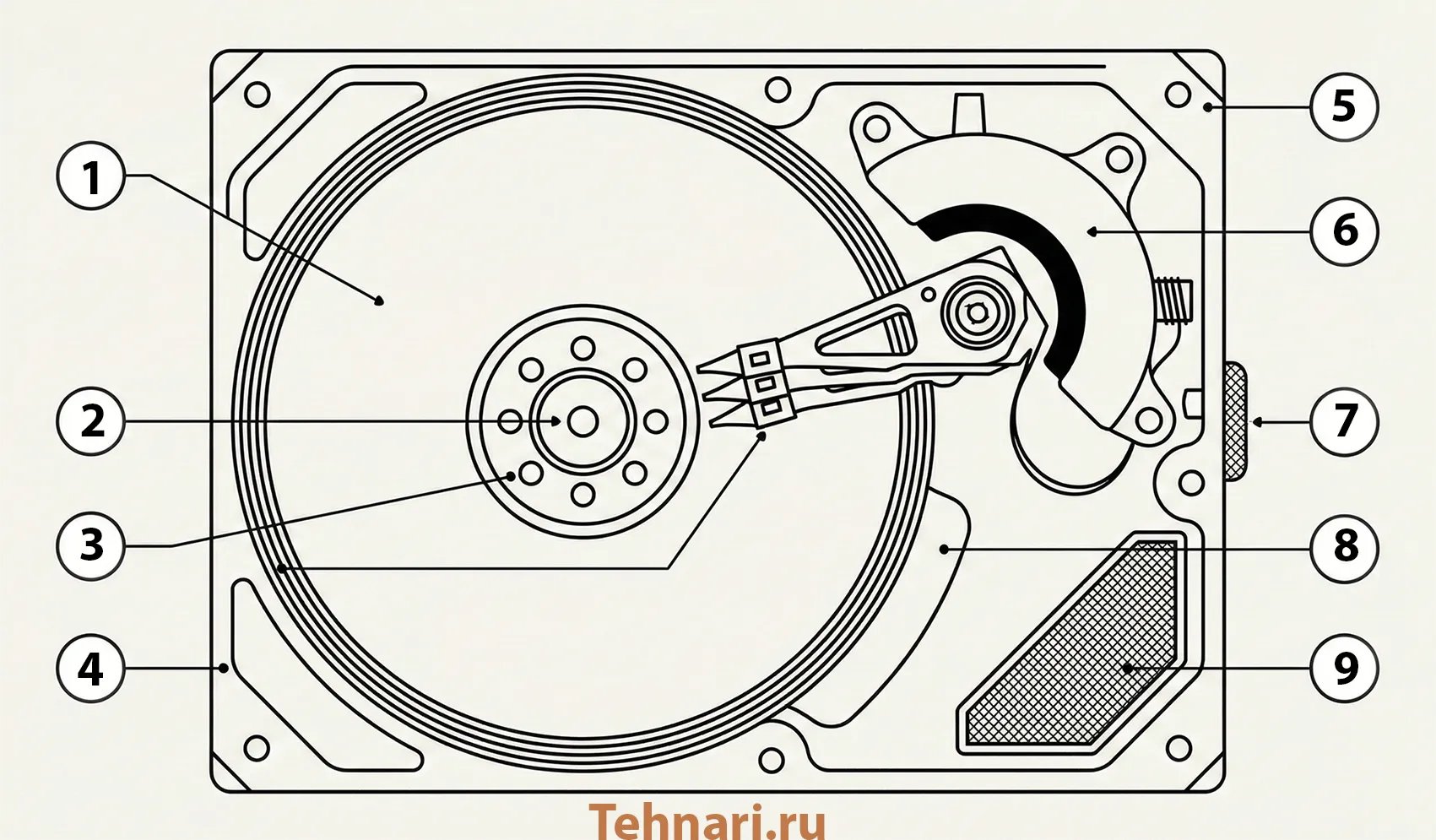 Схема устройства HDD внутри HDA: пластины, шпиндель, блок головок, актуатор VCM, парковка и фильтры