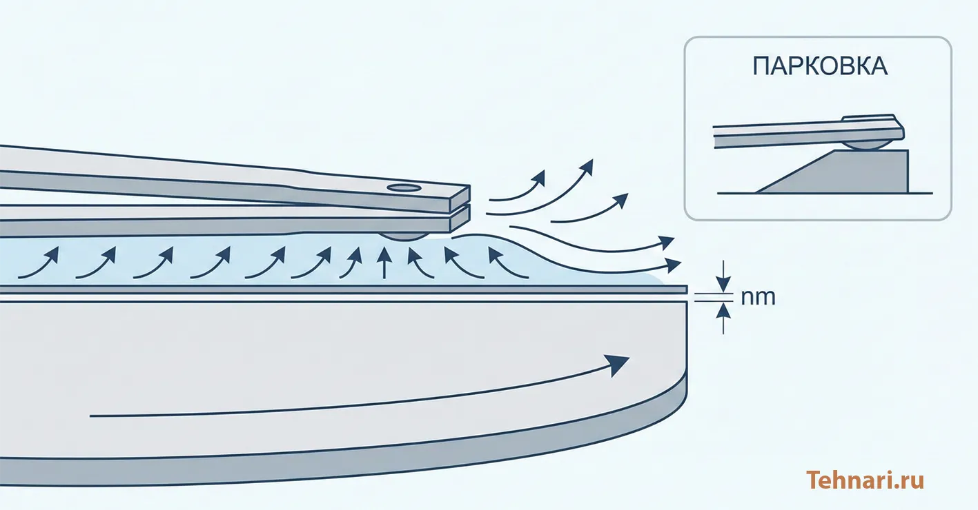 Схема полёта головки HDD над пластиной: газовая подушка и нанометровый зазор; парковка на рампе