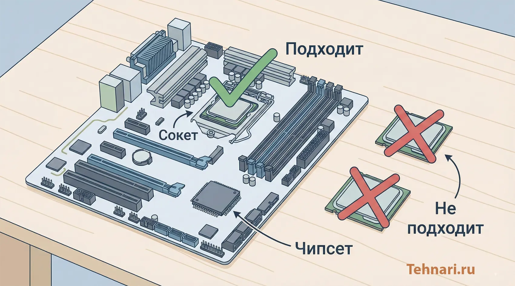 Схема выбора процессора для материнской платы: показан сокет и чипсет, один процессор подходит, два других не подходят
