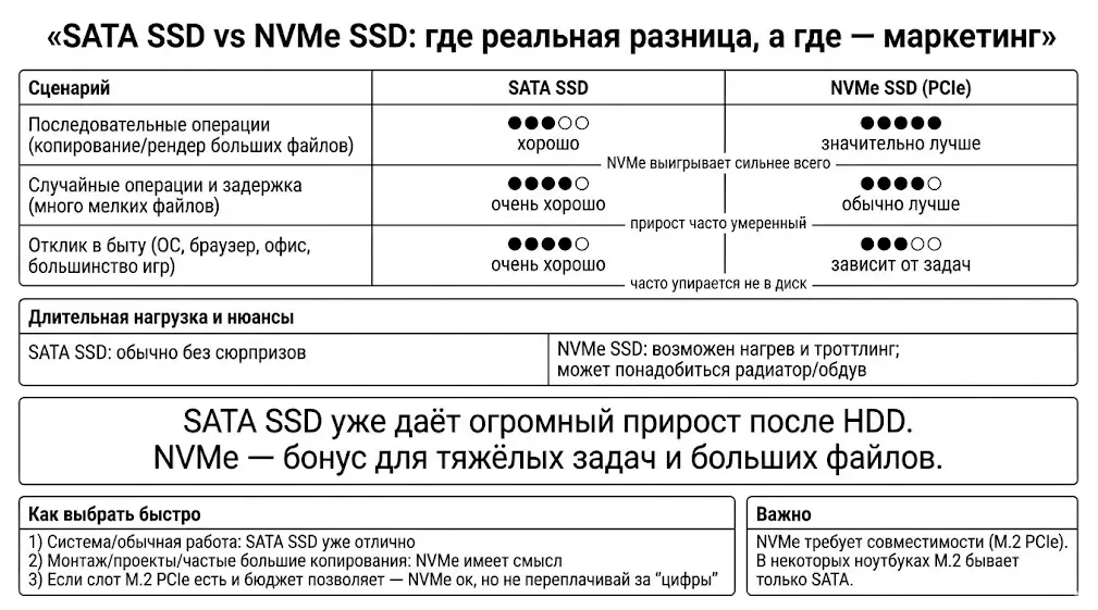 Схема сравнения SATA SSD и NVMe SSD: таблица по сценариям (последовательные операции, случайные операции и задержка, отклик в быту), отдельный блок про длительную нагрузку и вывод — NVMe сильнее в больших файлах, в быту разница часто умеренная.